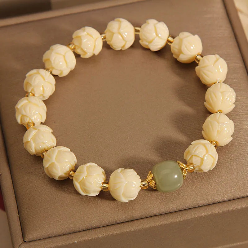 Buxus microphylla lotus beads bracelet Hetian jade women's simple floral jewellery