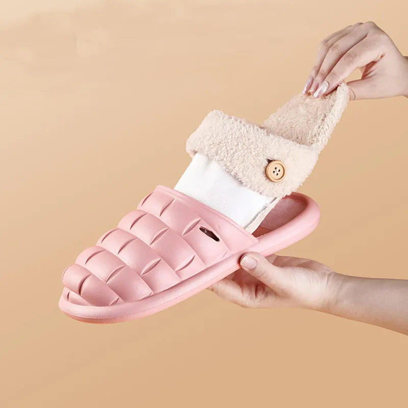 Pink and green plaid detachable slippers with a plush lining and textured EVA sole.