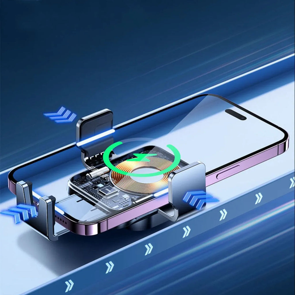 Black 15W car wireless charging bracket with automatic mechanism mounted on car air vent