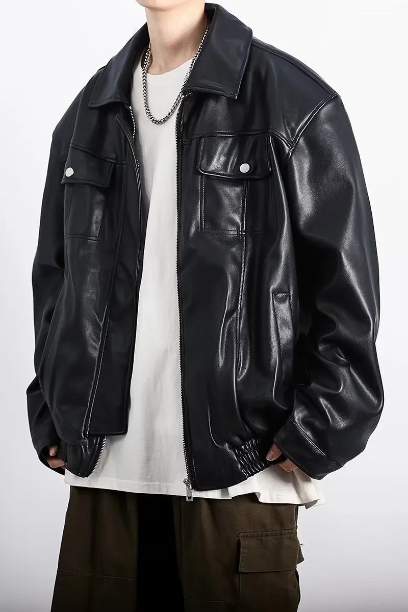 Black retro textured PU leather motorcycle jacket for men with loose fit