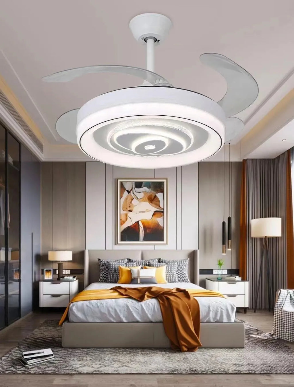 Nordic style ceiling fan light with invisible blades in a modern room setting.