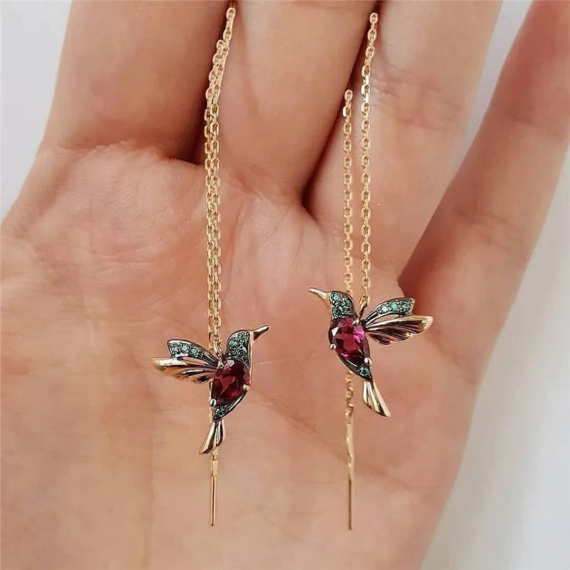 Little bird drop long hanging hummingbird earrings in rose gold finish with crystal tassel pendant
