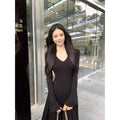 Knitted women's high waist hooded long sleeve dress in solid colour with splicing detail