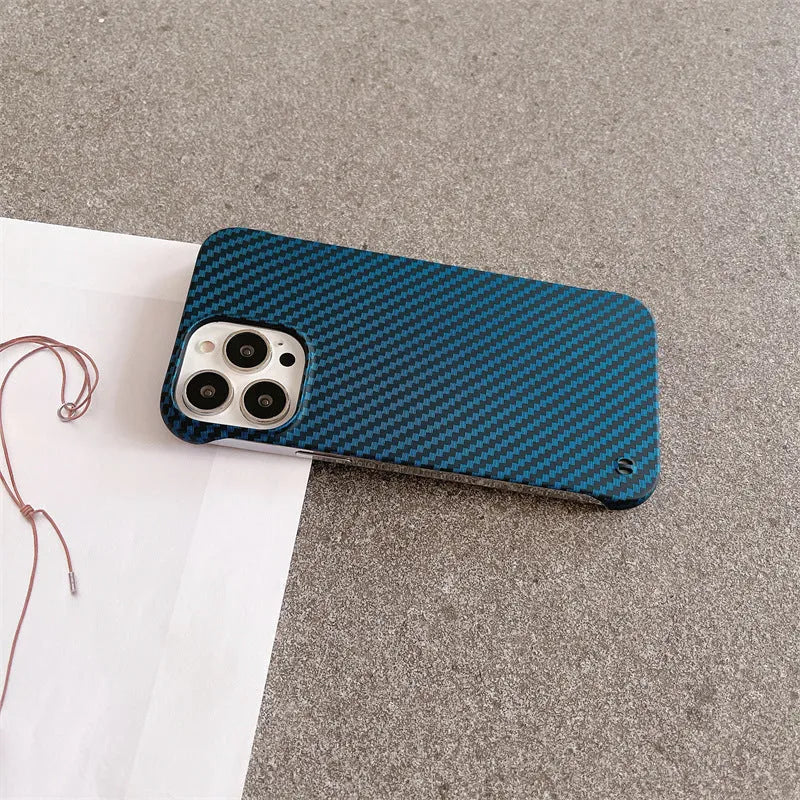 Frameless carbon fibre pattern hard shell phone case with bracket, plaid design, compatible with iPhone 12-16