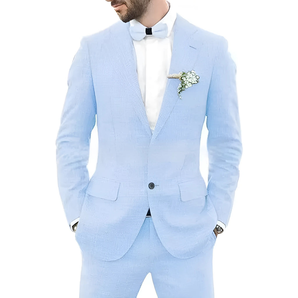 Men's slim fit suit jacket and trousers in hemp blend linen fabric for wedding and business wear