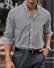 Man modelling a loose-fit khaki striped long sleeve casual button shirt.