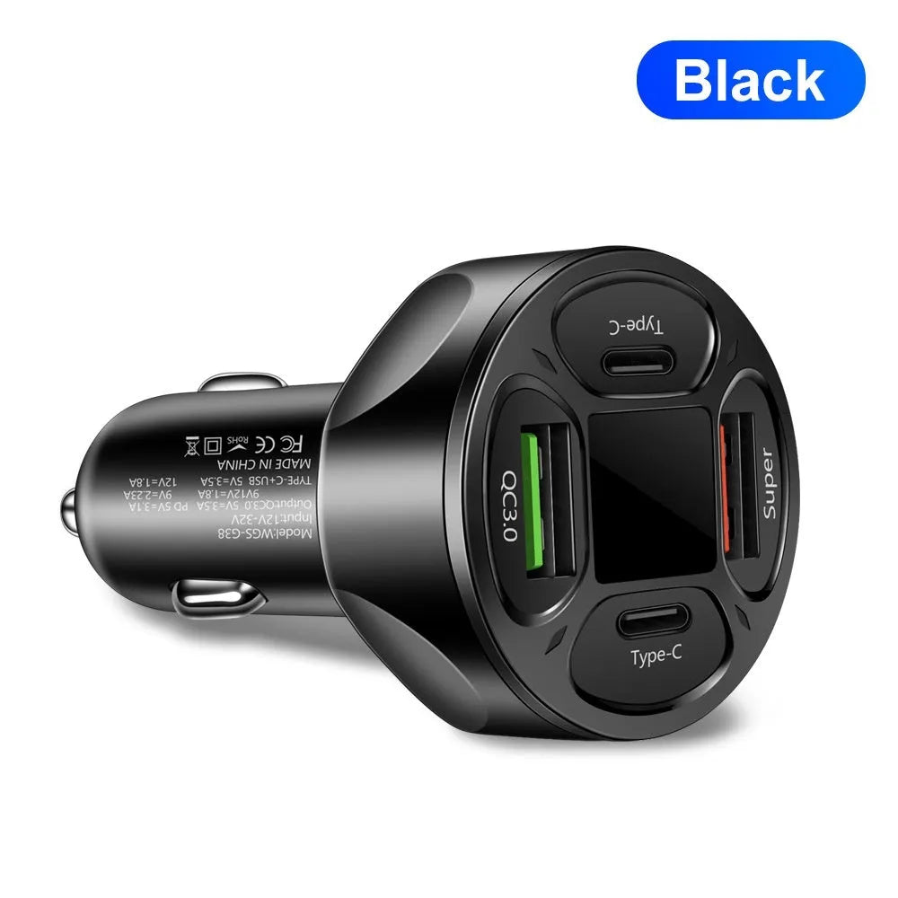 66W digital display car charger with 2USB and 2Type-C ports for fast charging