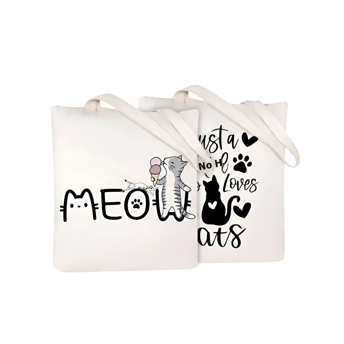 Cartoon cat print canvas shoulder bag with bottom and sides, simple modern style, loyal dog guard design