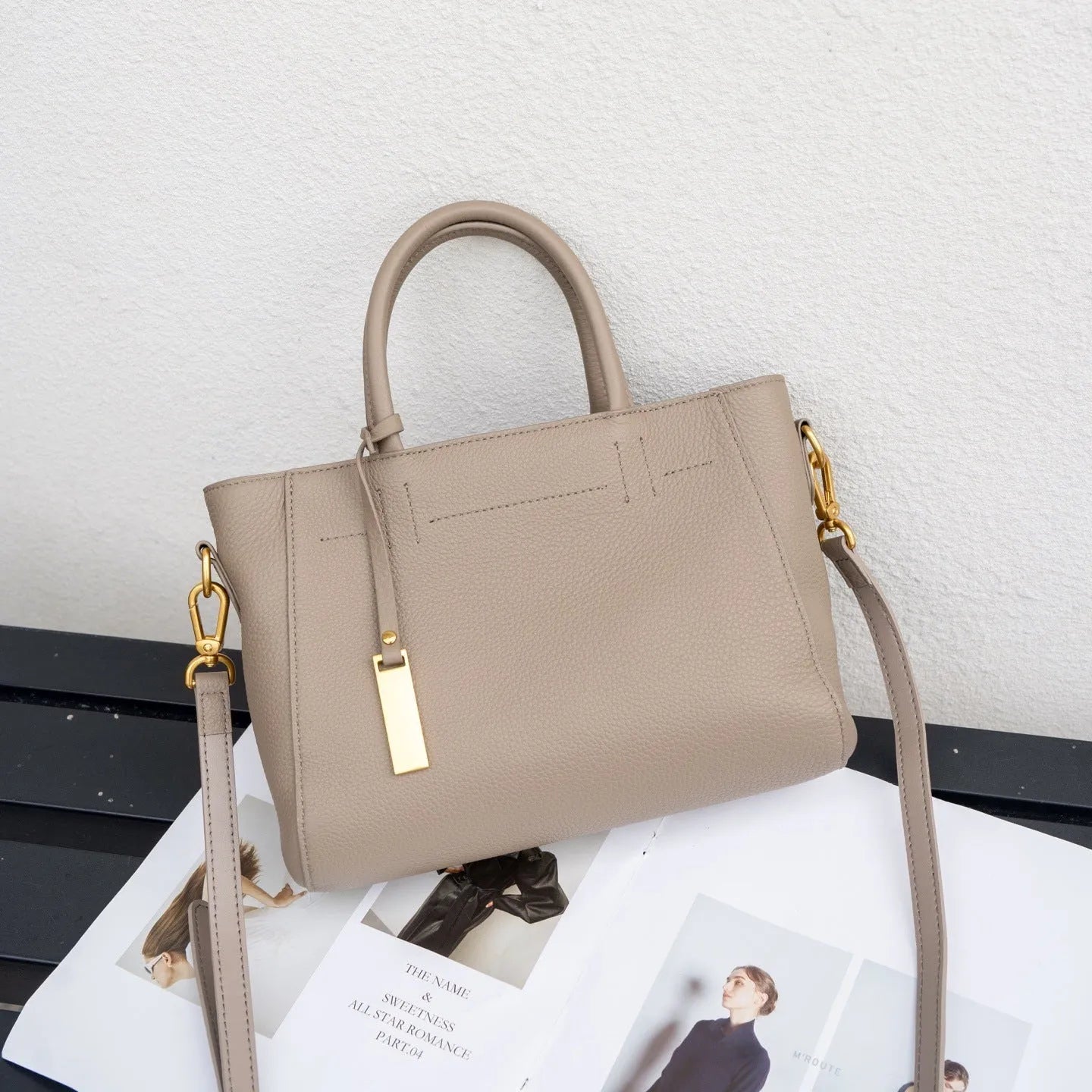 Genuine leather women handbag horizontal square shape first layer cowhide soft with sewing line detailing daily matching bag