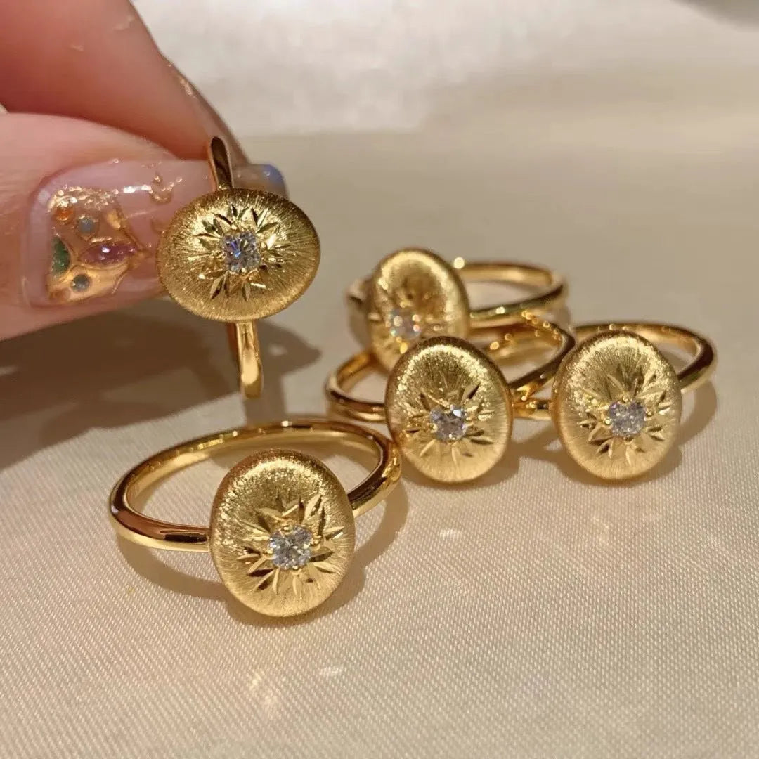 Vintage French retro adjustable copper ring with carved snowflake and star motif in gold colour