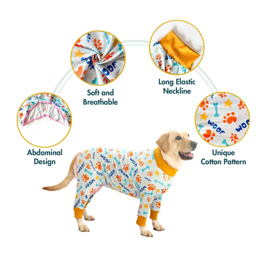 Cotton dog jumpsuit with cute printed design showing front view on mannequin