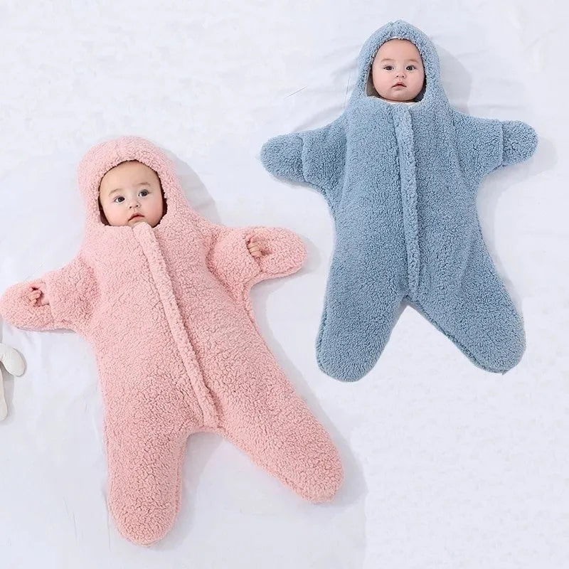 Cashmere and cotton baby sleeping bag with hood in starfish lamb velvet design
