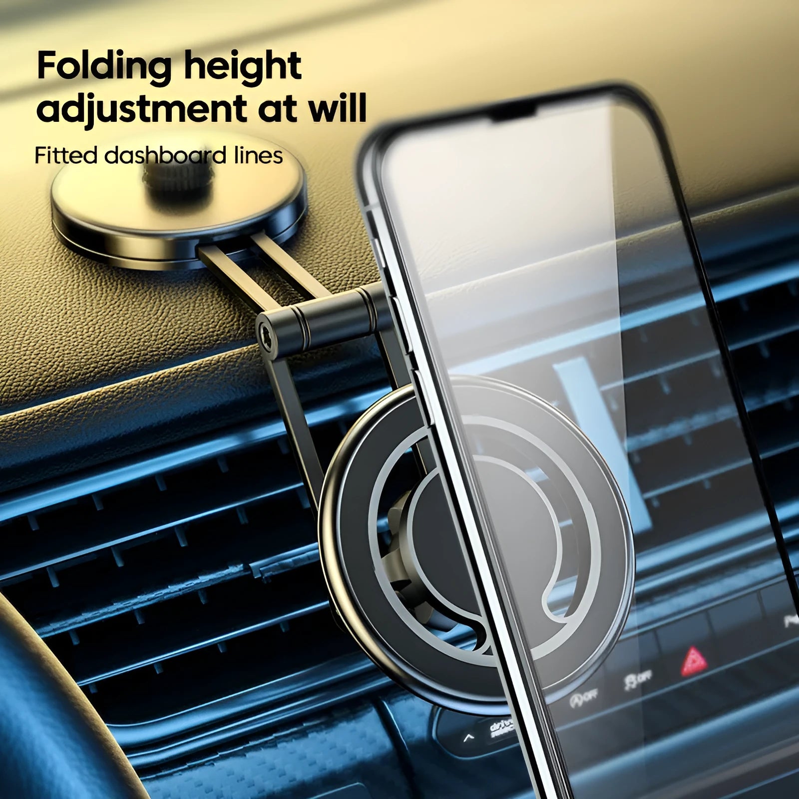 Telescopic folding magnetic car phone holder mounted on dashboard in black finish with phone attached