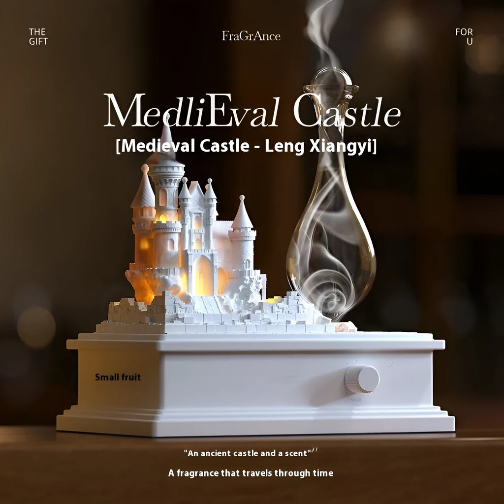 White medieval castle design waterless aromatherapy machine with ambient light on a wooden surface.