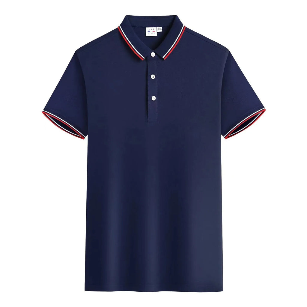 Men's embroidered lapel short sleeve top in navy blue, straight fit, cotton ice ion blend, short sleeves