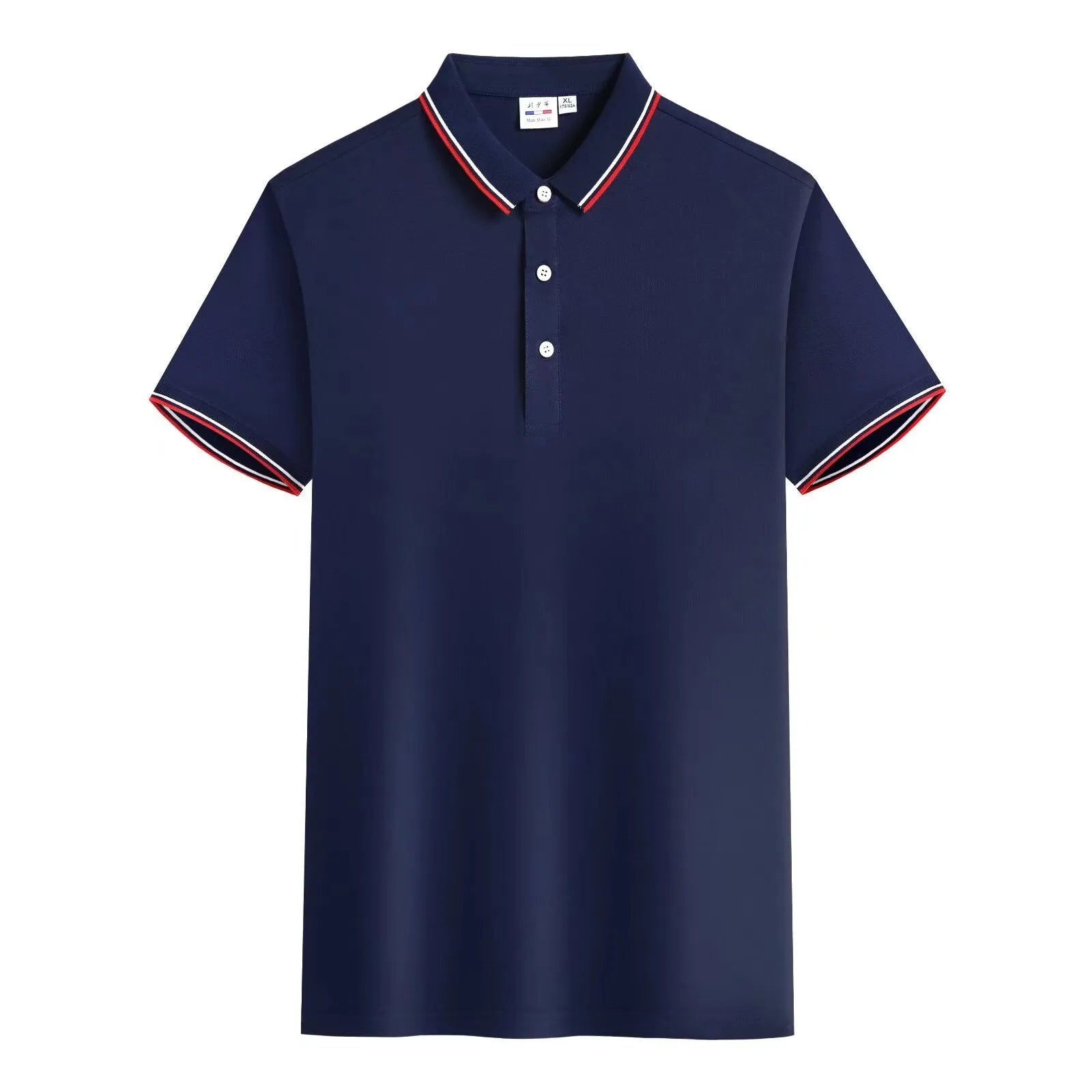 Men's embroidered lapel short sleeve top in navy blue, straight fit, cotton ice ion blend, short sleeves
