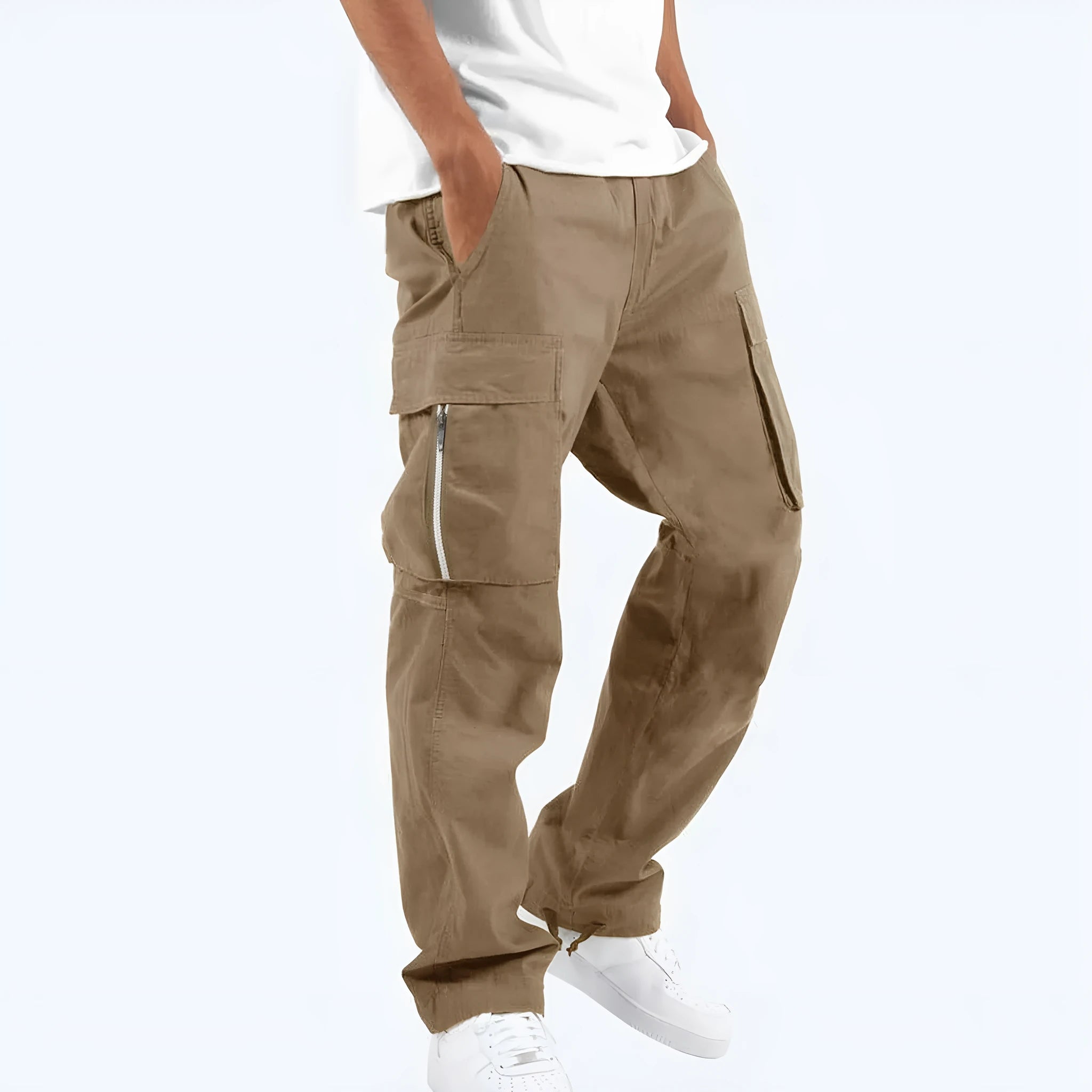Men's cotton blend work trousers in army green with drawstring elastic waist, side view