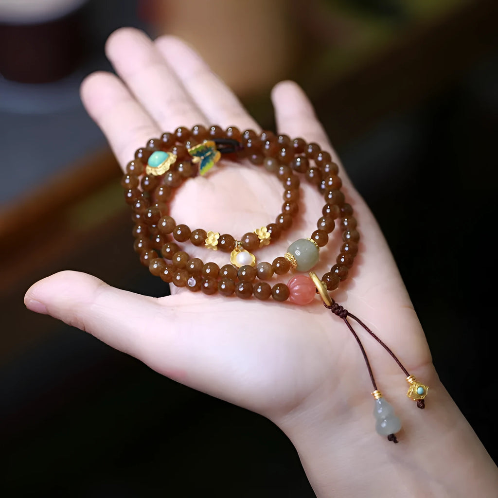 Brown jade Hetian jade three-ring bracelet with butterfly gourd pearl design and silver accessories