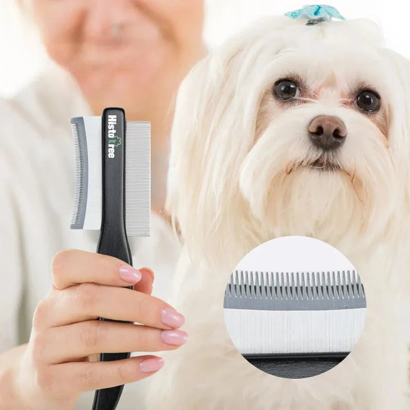 Double-sided pet grooming comb with stainless steel teeth and wood handle