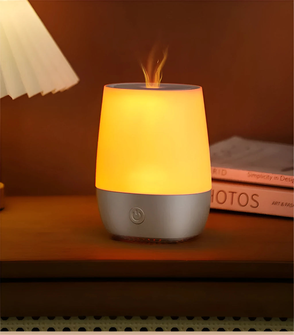 White Creative New Flame humidifier aromatherapy machine with simulated flame effect on a surface