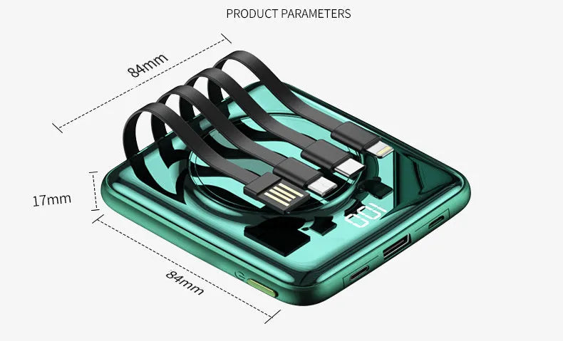 Compact square 20000mAh power bank with LCD screen in black, green, or red colour.
