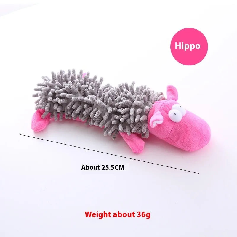 Plush microfiber molar-shaped dog chew toy in assorted animal designs including dog, duck, pig, and frog.