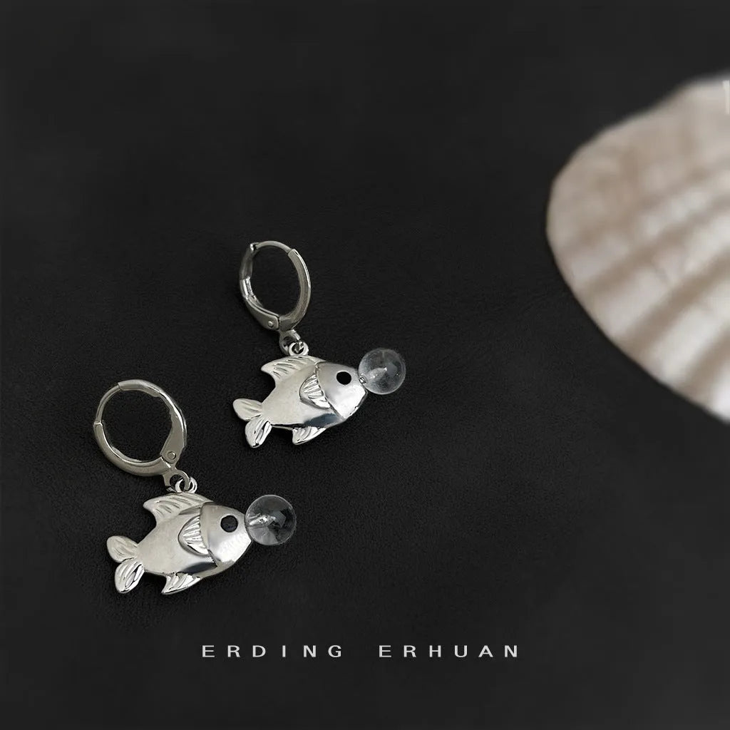 Bubble fish design earrings with electroplated copper construction and animal modelling details
