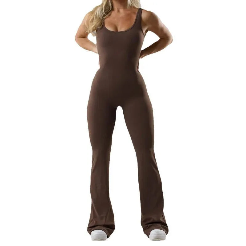 Women's tight milk silk yoga bodysuit with hollow seamless design and mid-waist cut