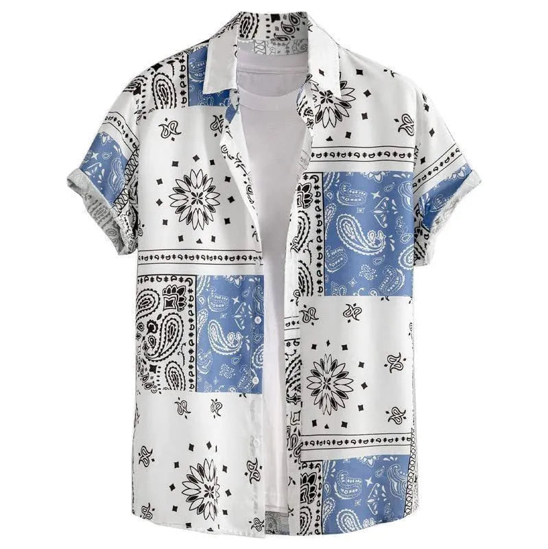 Man wearing a slim fit, short sleeve Hawaiian print shirt with a cardigan style.