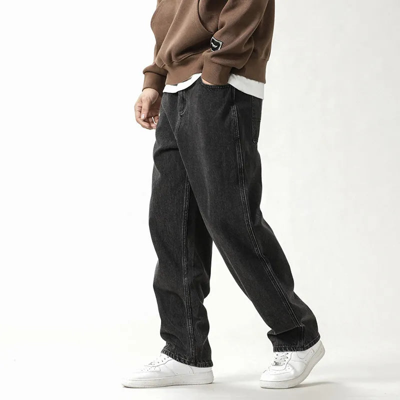 Men's loose fit plus size jeans in black and gray denim, mid waist, sizes 28-42