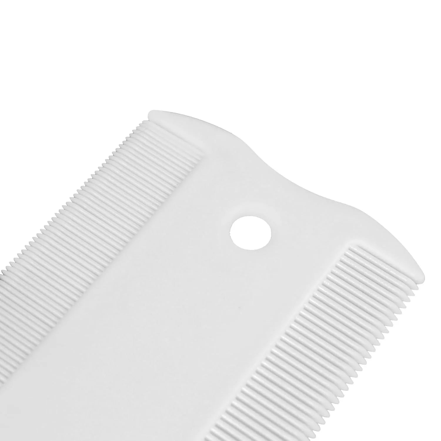Double-sided plastic flea comb for pets showing dense teeth and 0.85cm width
