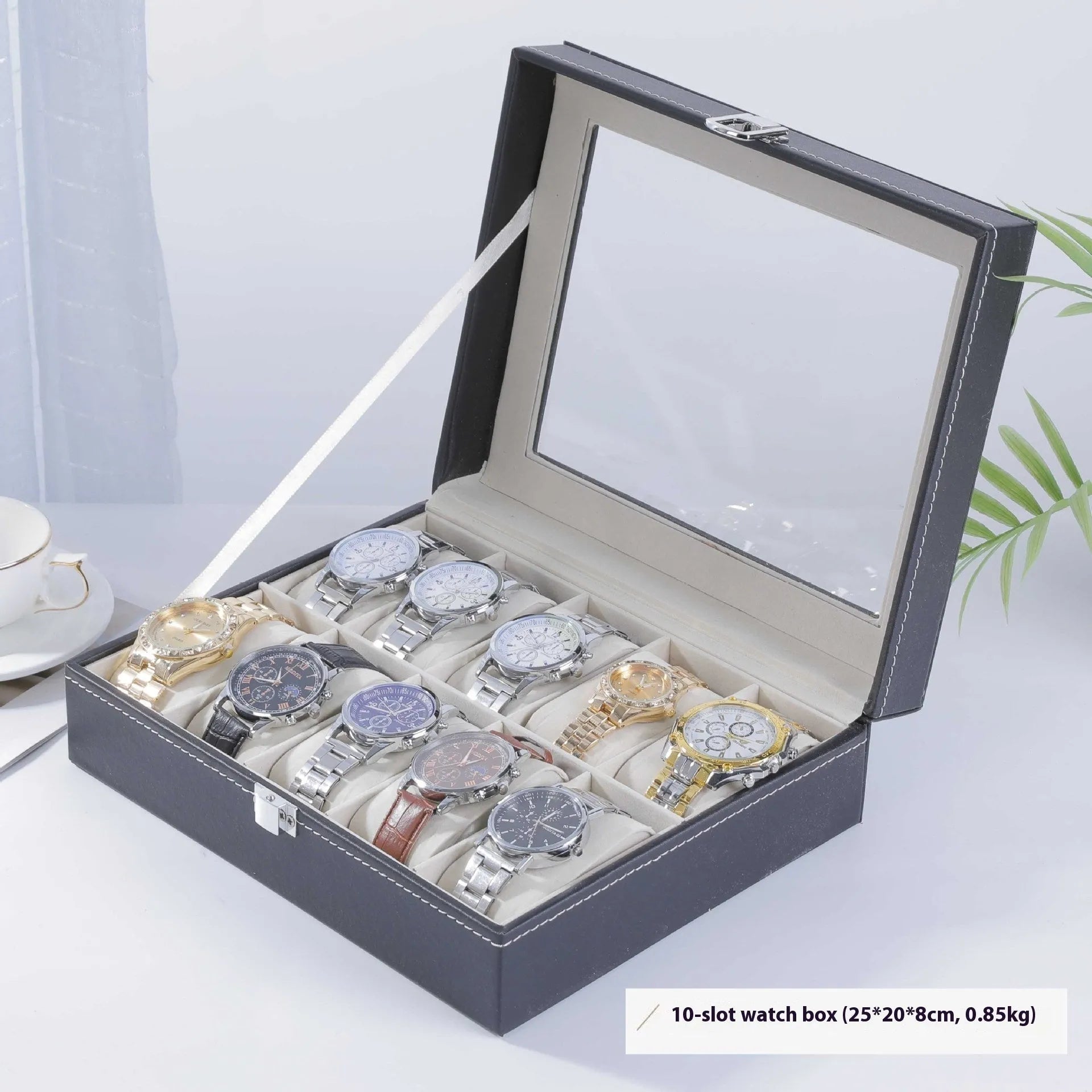 Grey high-grade leather watch storage box with see-through lid showing multiple watch slots.
