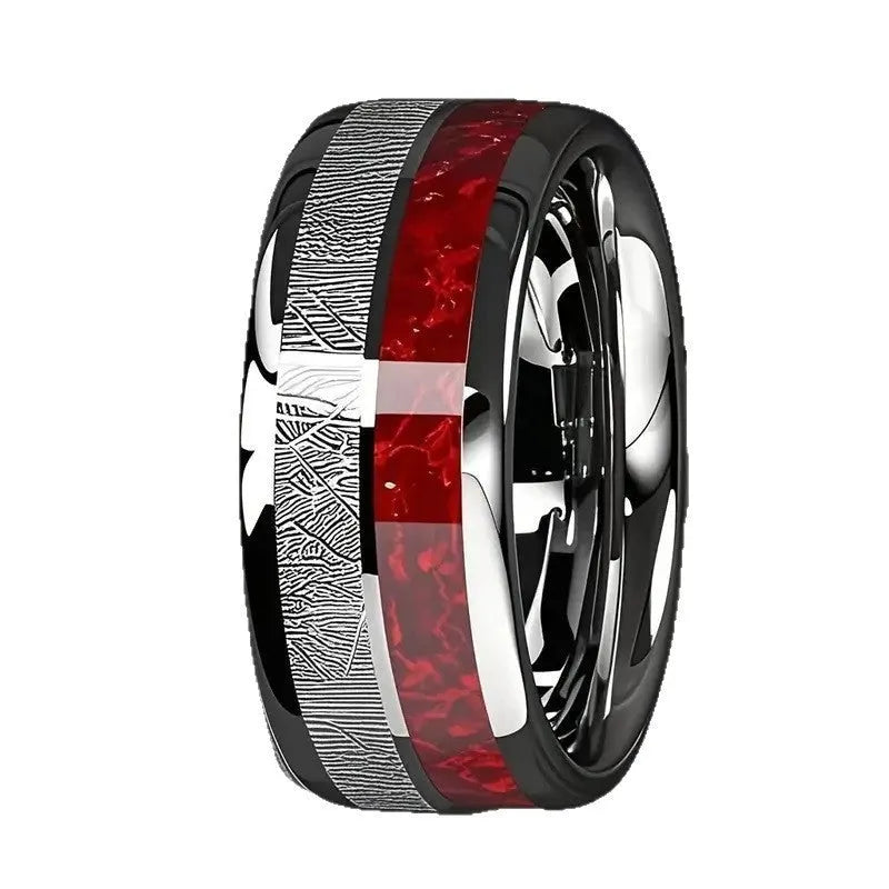 Two-tone silver red stainless steel ring with textured surface on white background