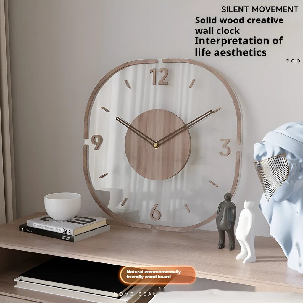 Transparent wooden frame wall clock with modern design showing 35cm square dimensions