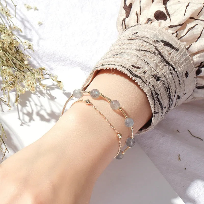 Korean style double-layer crystal bracelet with electroplated moonlight copper finish