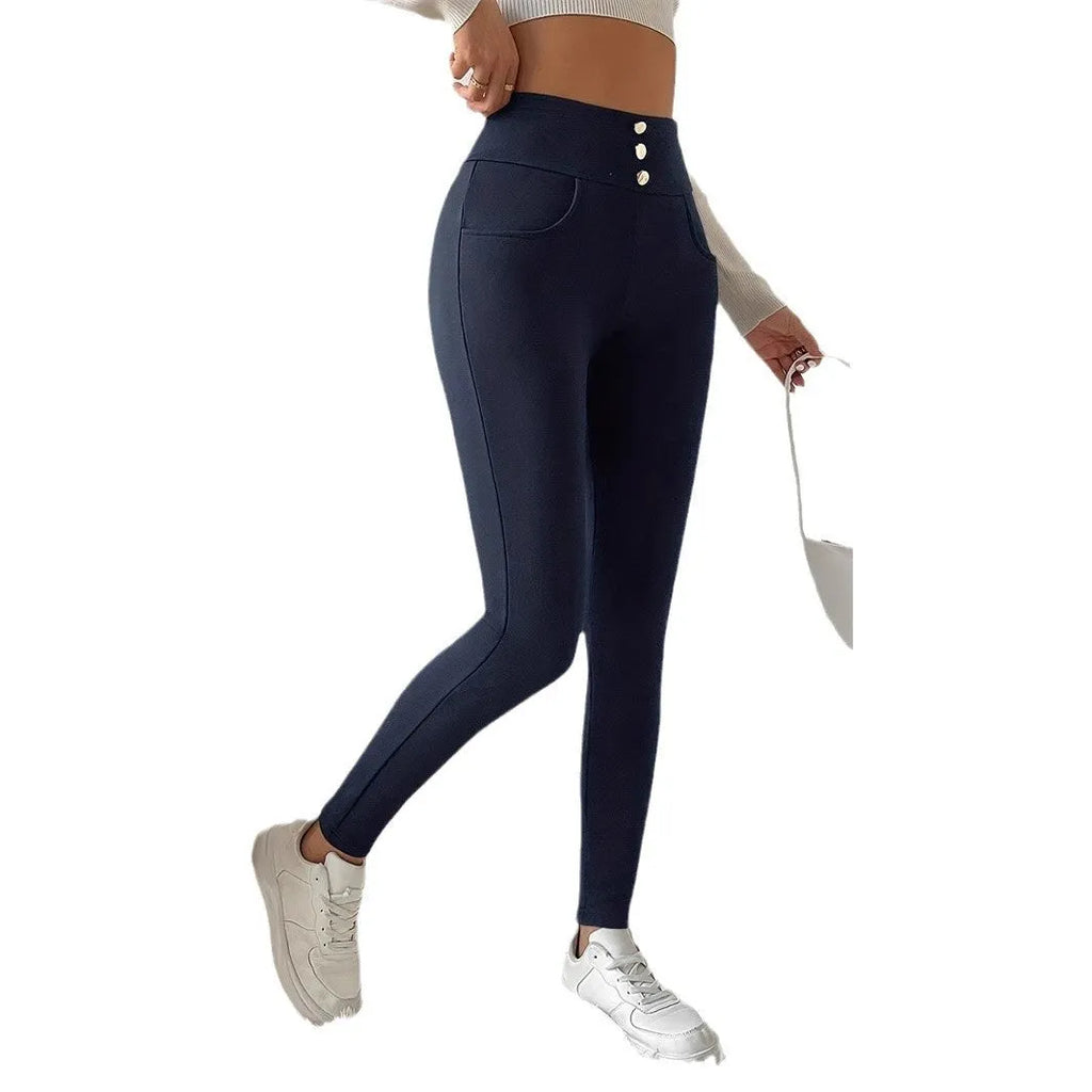 Navy blue women's high waist straight leg casual trousers on a hanger.
