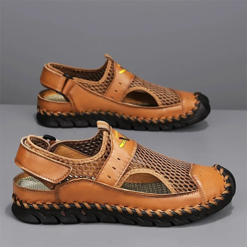 Men's brown genuine leather low-top casual shoes with an elastic band and flat rubber sole.