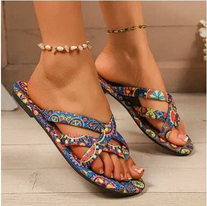 Women's flat printed slippers in bohemian ethnic style with cloth upper and rubber sole, available in multiple colours and sizes 36-43