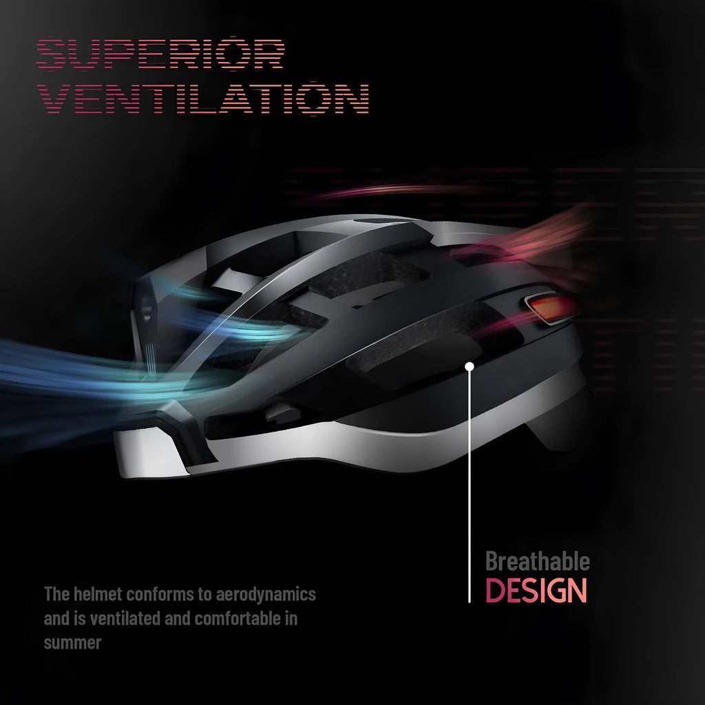 Black and grey smart cycling helmet with integrated Bluetooth warning light on the rear.