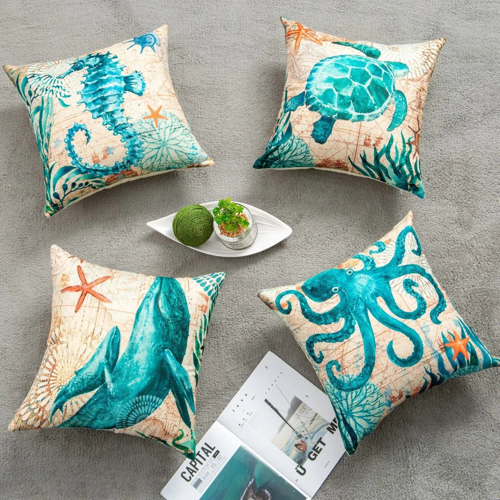Linen cushion cover with sea turtle pattern measuring 45x45cm with invisible zipper