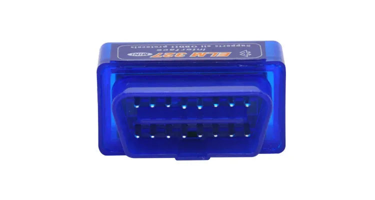 Compact black ELM327 Bluetooth OBD2 diagnostic scanner for car fault codes and live data.