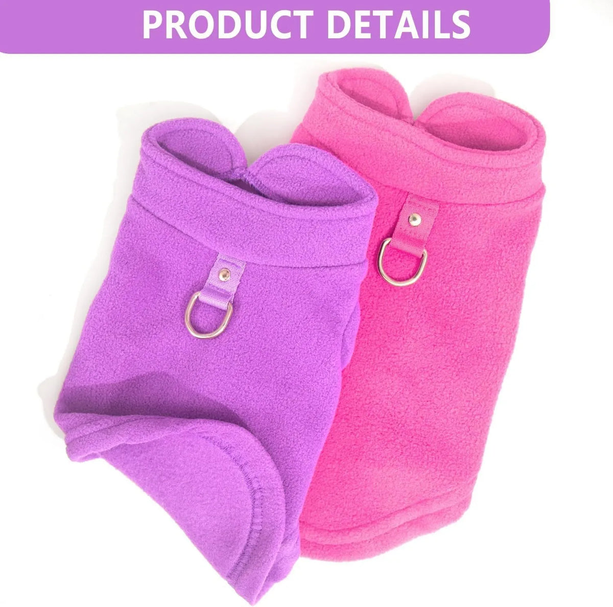 Two warm fleece dog sweaters with D-ring for leash attachment, suitable for small breeds in autumn and winter