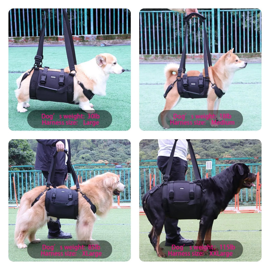 Black Oxford cloth dog rehabilitation harness with adjustable chest strap for leg support