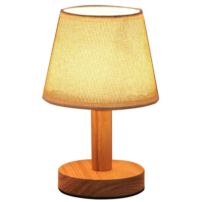 Creative solid wood fabric bedside lamp with geometric stereo design and remote control in heather gray finish