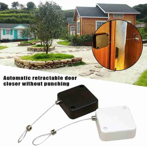 White automatic door closer with adhesive mount and tension adjuster for no-drill installation on doors.