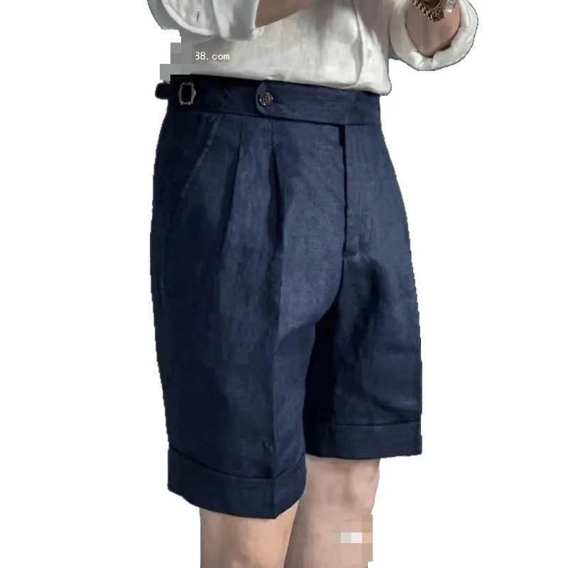 Men's linen five-point cuffed shorts in navy blue, double waist, casual style