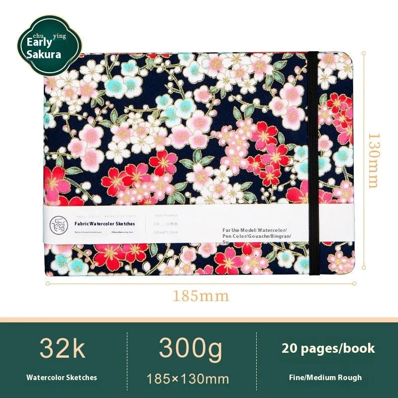 Feiluniao handmade fabric watercolour sketchbook with decorative cover, 185mm long.