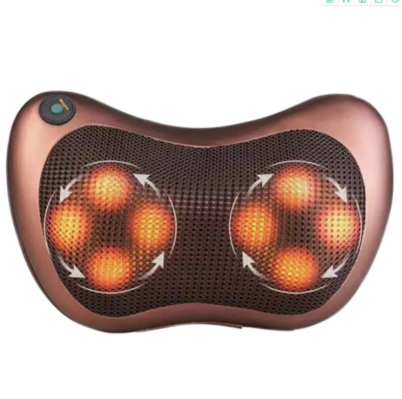 Smart shoulder neck massager pillow with genuine leather fabric, showing 8 massage heads, available in black and brown colours