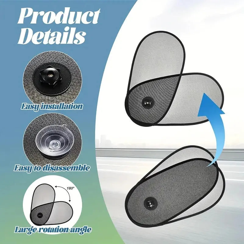 Black breathable mesh car window shade stretched over a car side window, showing suction cup attachment.