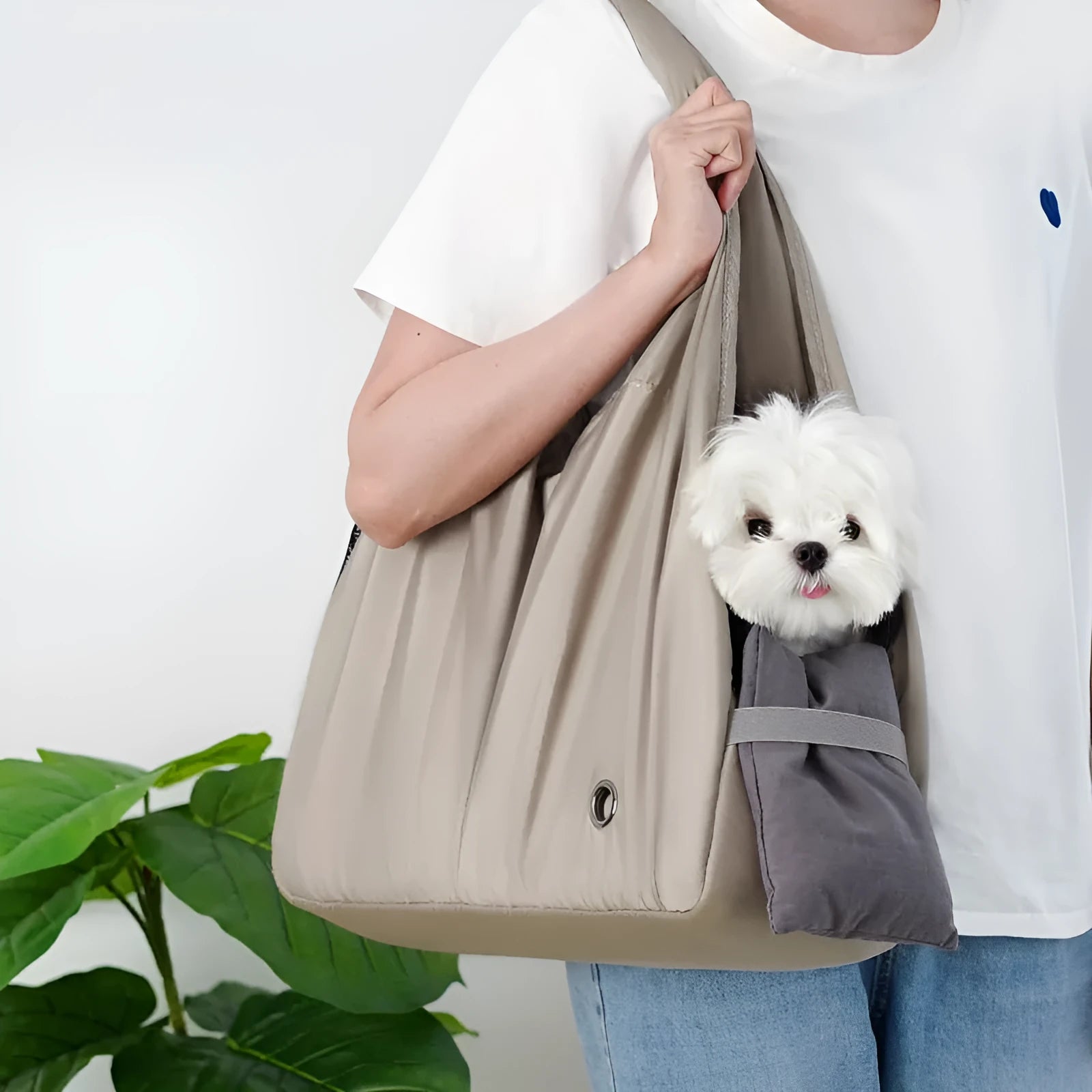 Apricot coloured cloth pet carrier bag for small animal transport